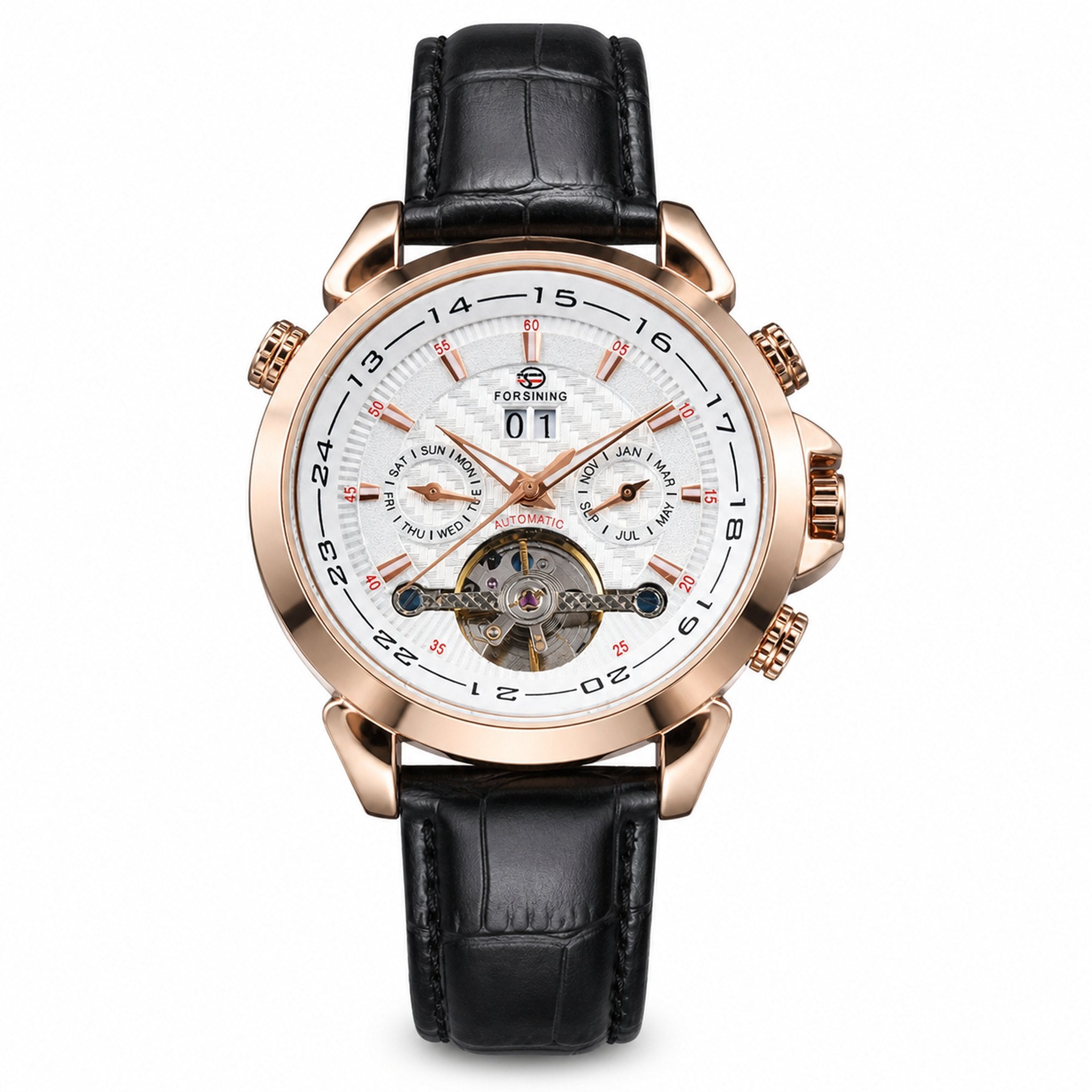 FORSINING 984 White mechanical calendar watch on white background