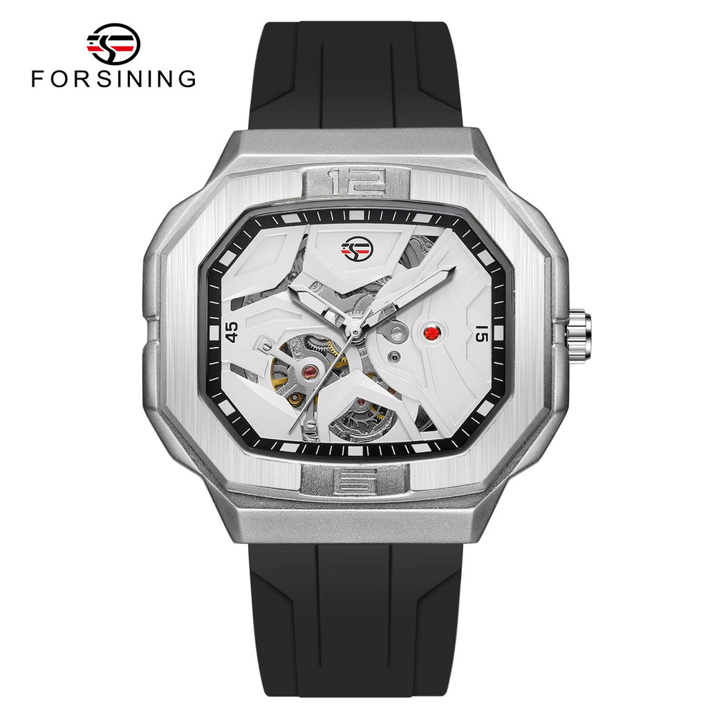 FORSINING angular skeleton automatic watch in silver and black