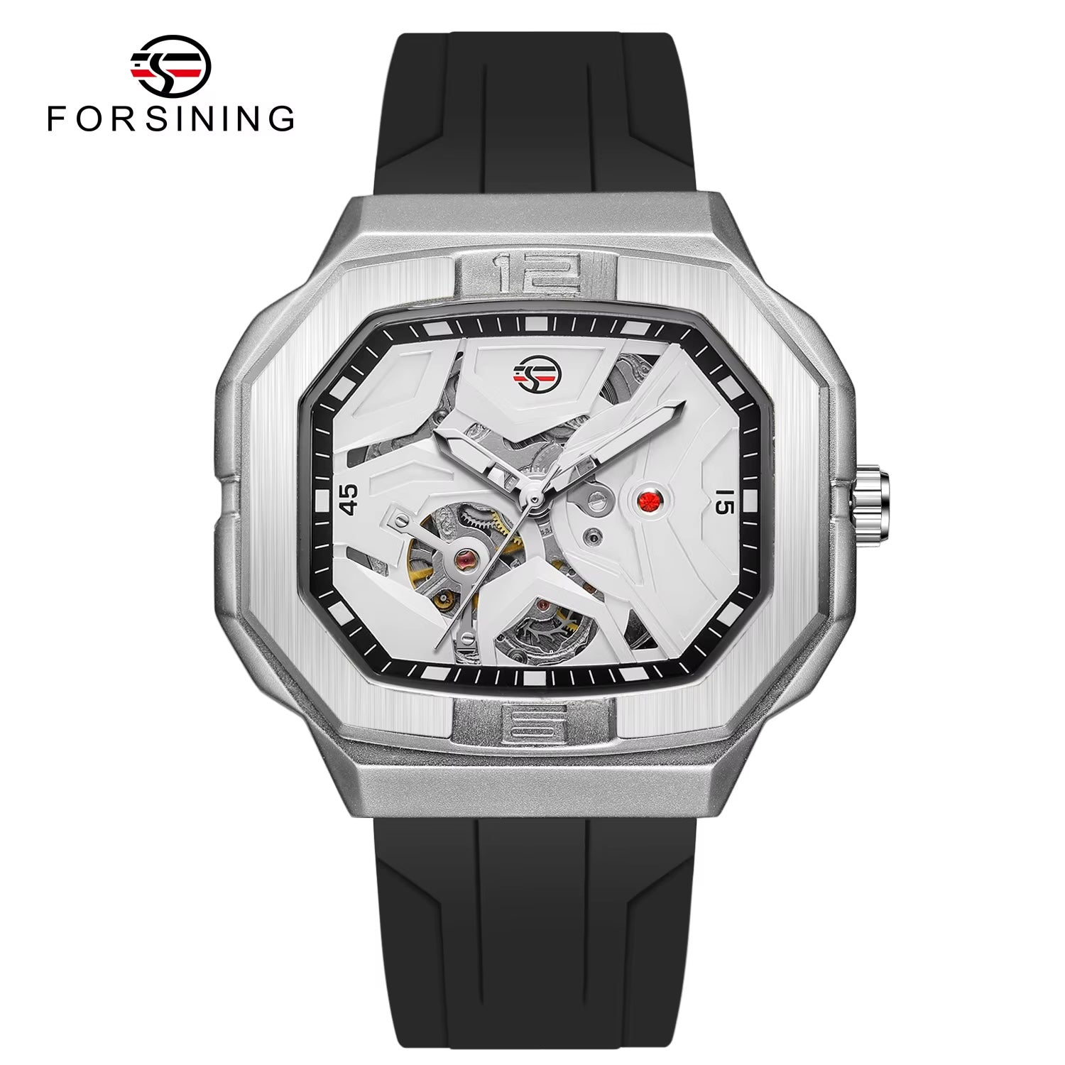 FORSINING angular skeleton automatic watch in silver and black
