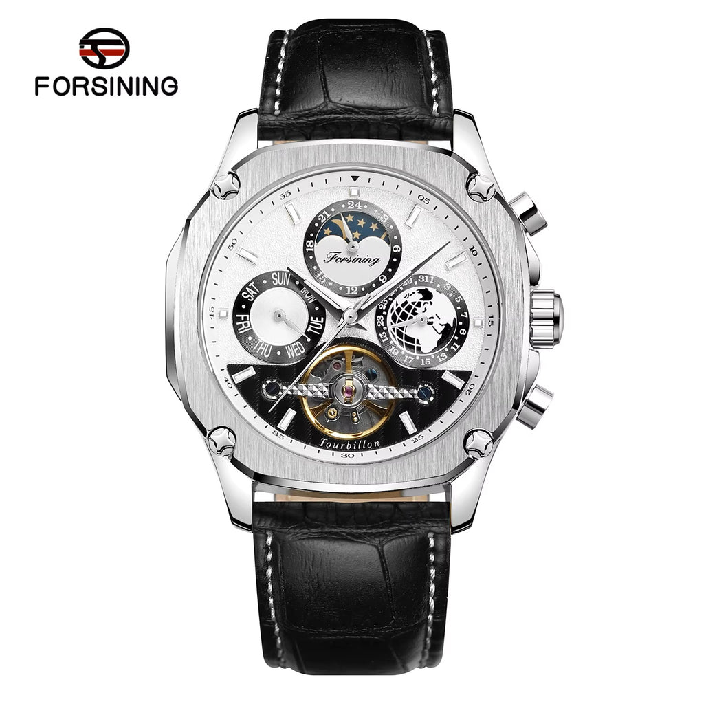 FORSINING engraved skeleton automatic watch with white dial and black leather strap