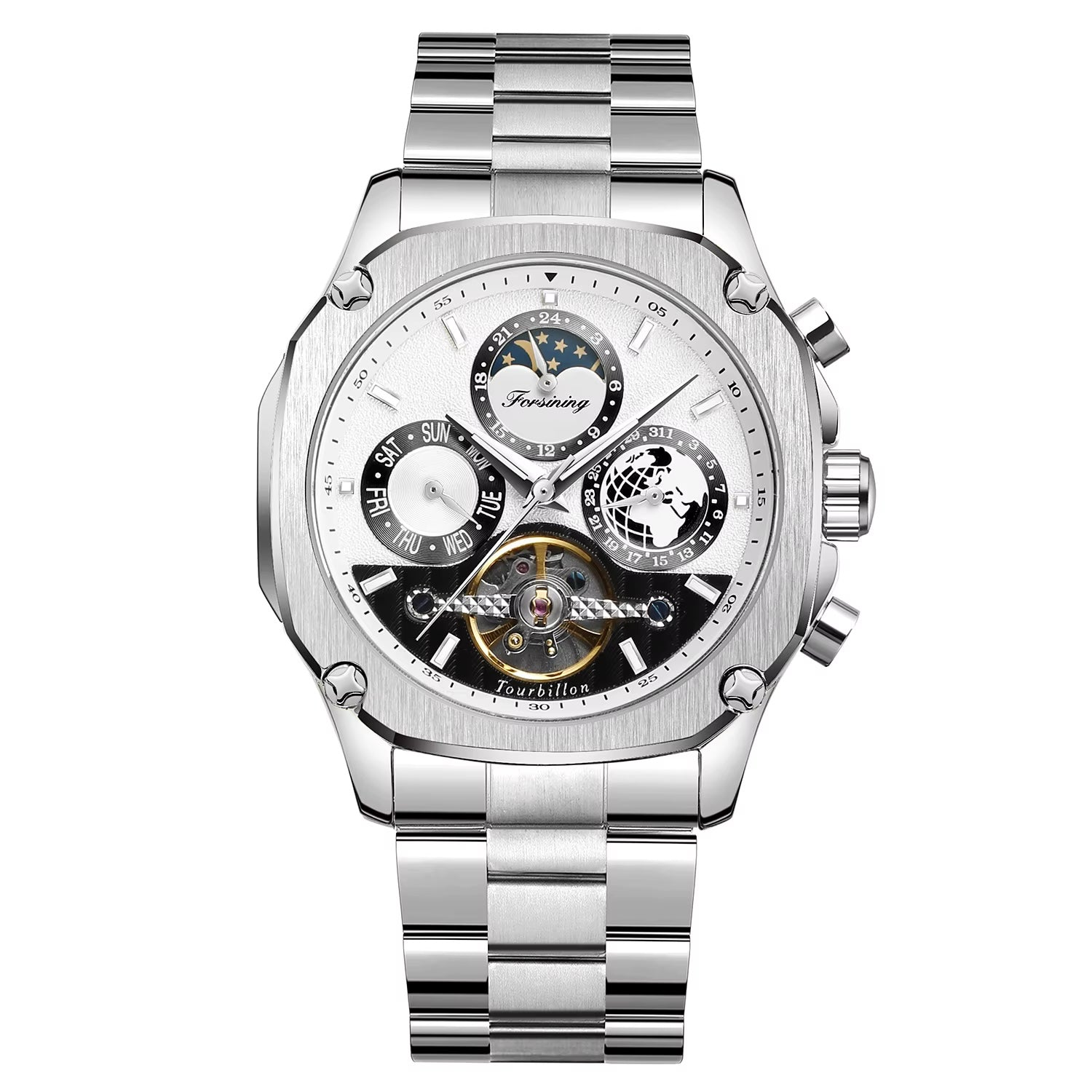 FORSINING engraved skeleton automatic watch with white dial and steel bracelet