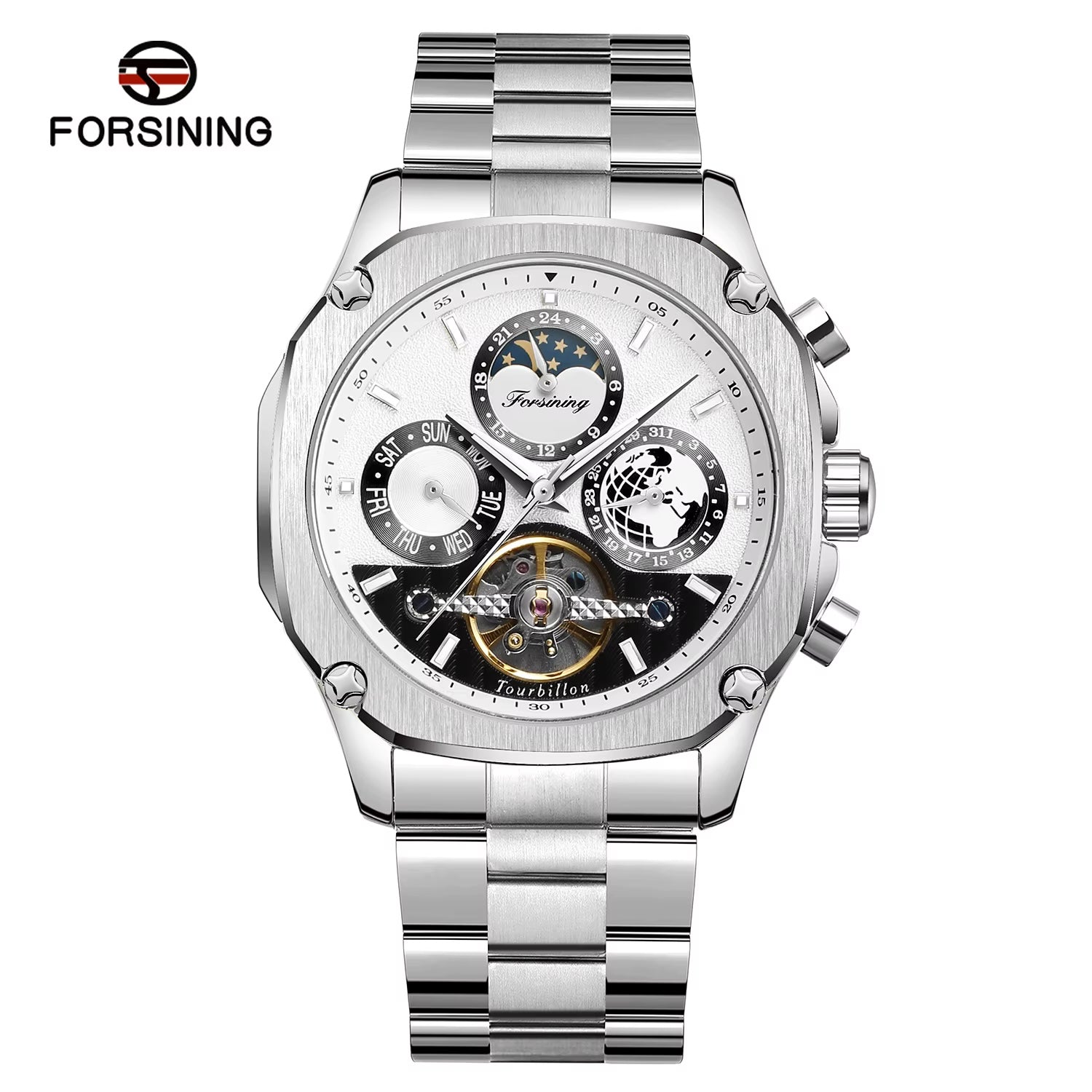 FORSINING engraved skeleton automatic watch with white dial and steel bracelet
