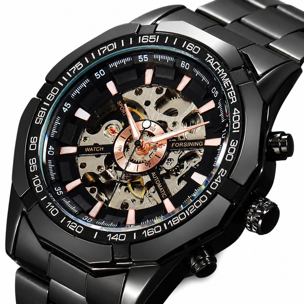 FORSINING F-013 Black skeleton mechanical watch on white background