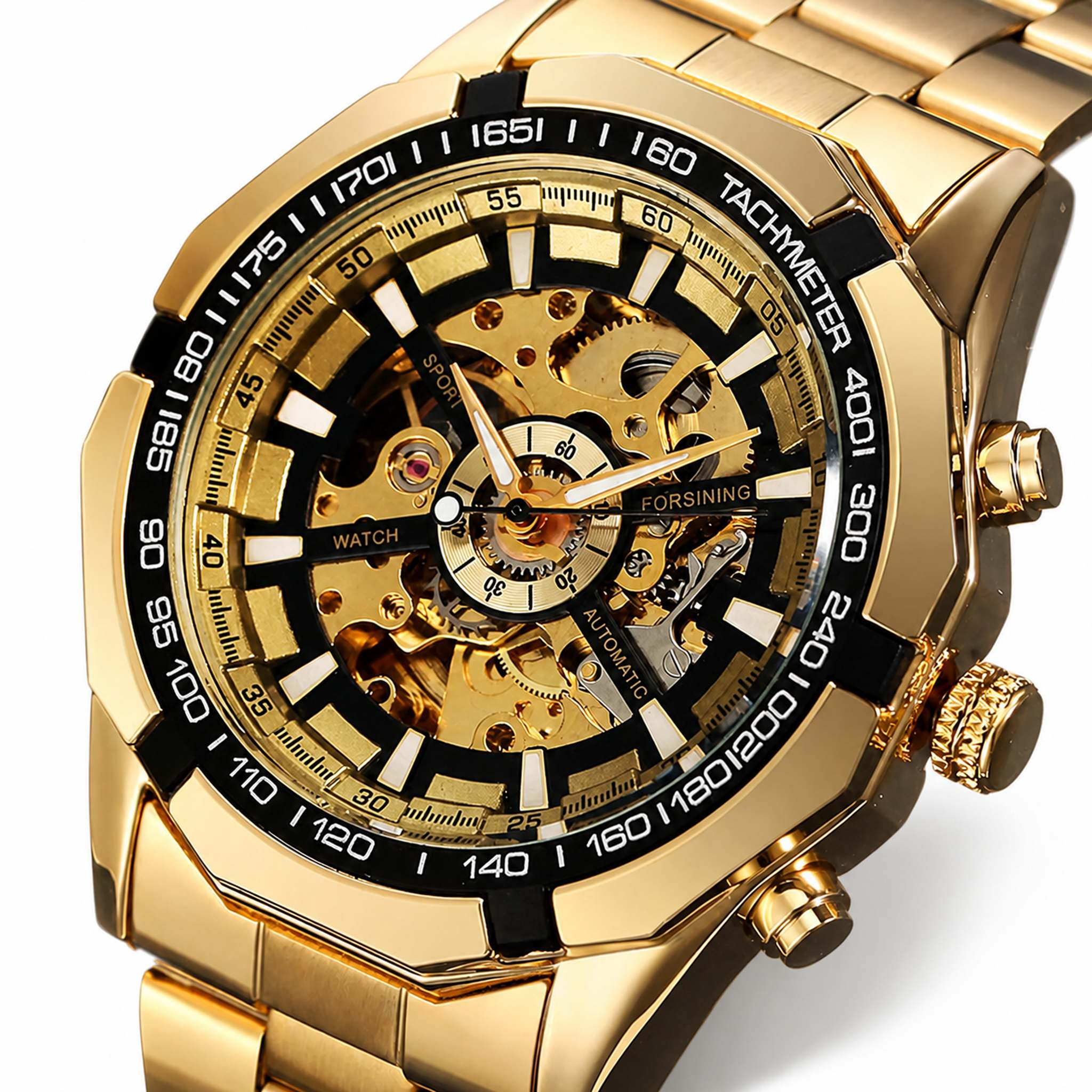 FORSINING F-013 Gold Black skeleton mechanical watch on white background