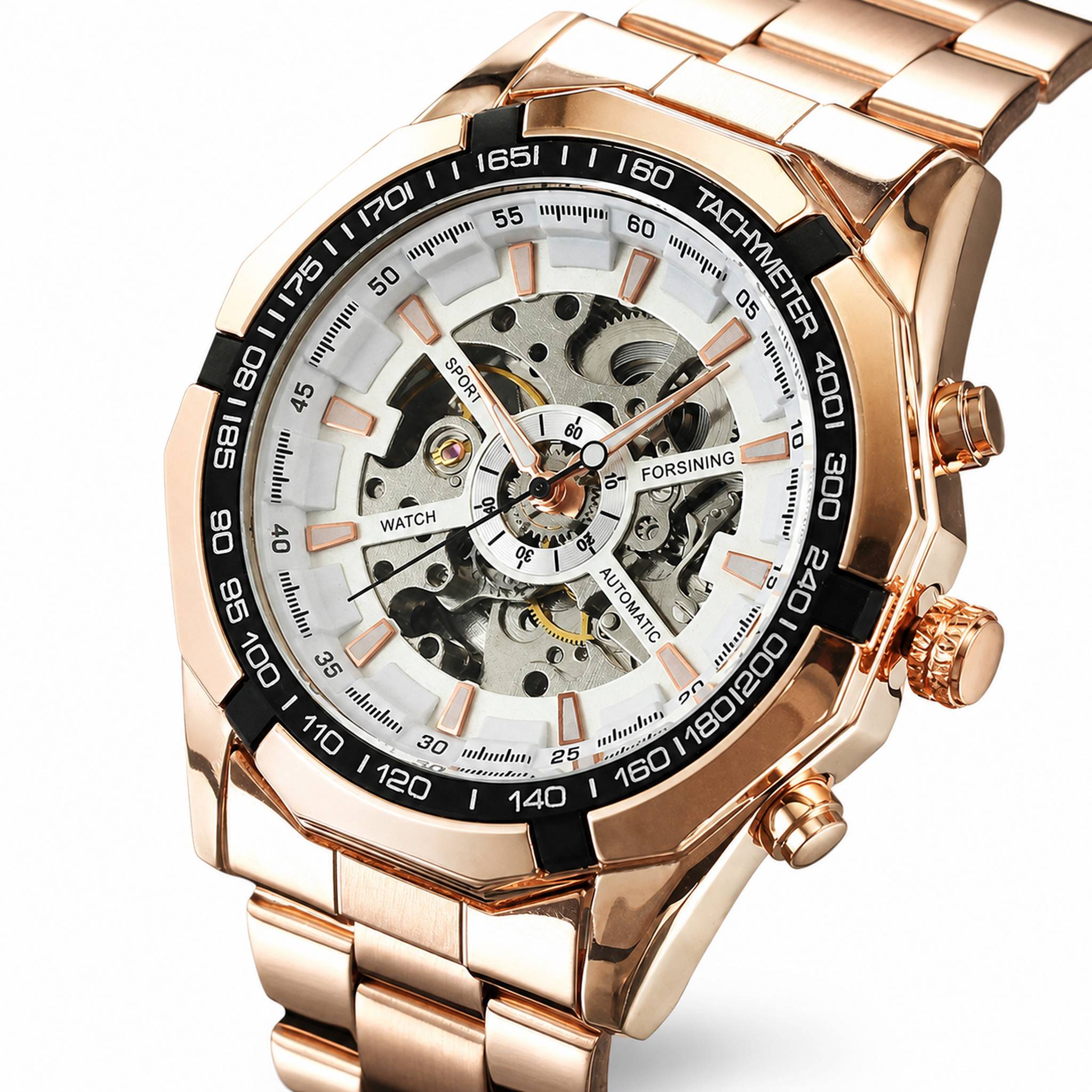 FORSINING F-013 Rose Gold skeleton mechanical watch on white background