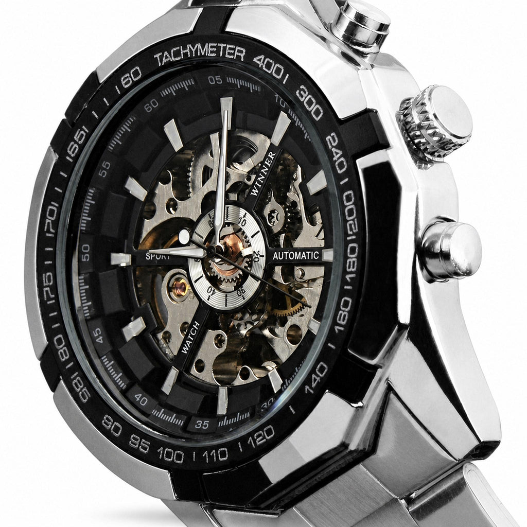 FORSINING F-013 Silver Black skeleton mechanical watch on white background
