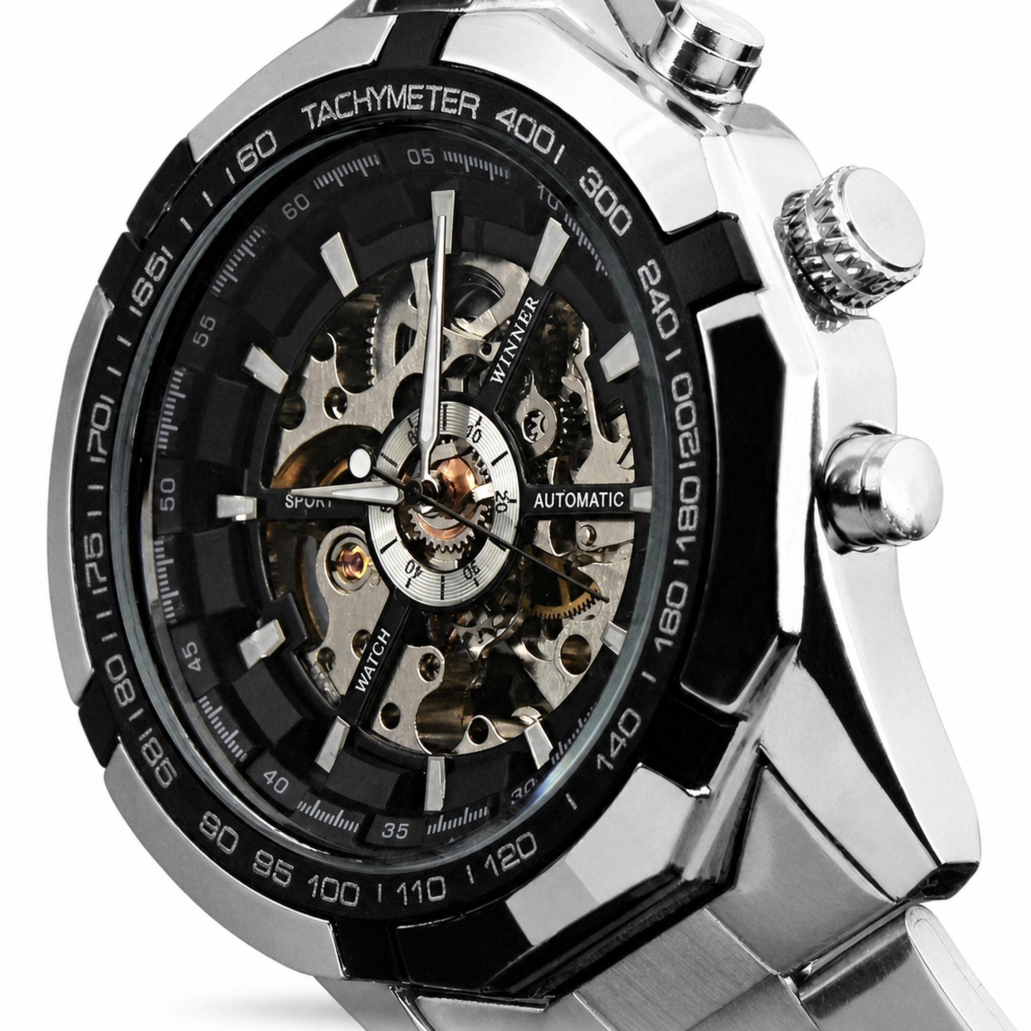 FORSINING F-013 Silver Black skeleton mechanical watch on white background