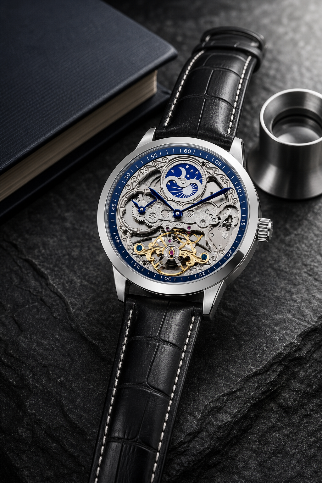 FORSINING For55 Black Silver Blue moon-and-stars skeleton automatic watch