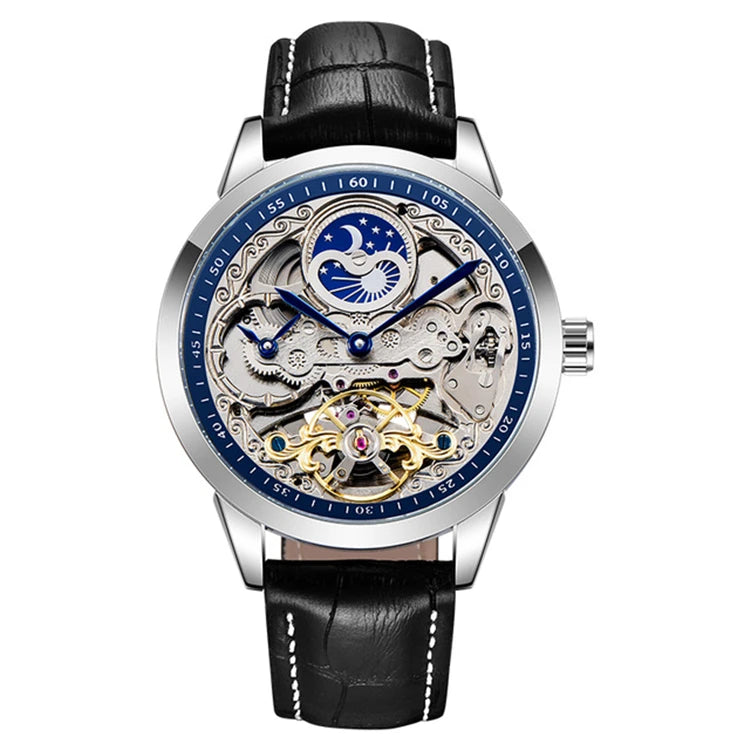 FORSINING moon-and-stars skeleton watch in black, silver and blue