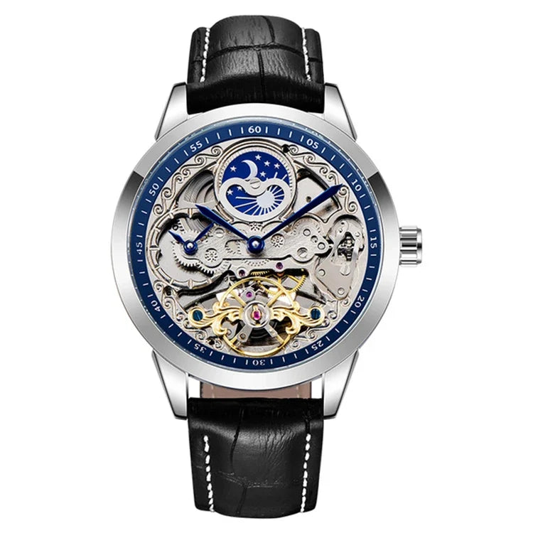 FORSINING For55 Black Silver Blue moon-and-stars skeleton automatic watch