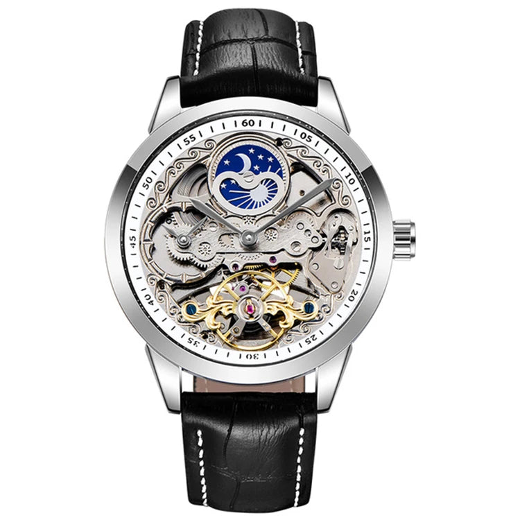 FORSINING For55 Black Silver White moon-and-stars skeleton automatic watch