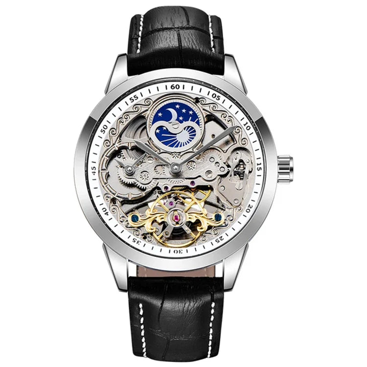 FORSINING For55 Black Silver White moon-and-stars skeleton automatic watch