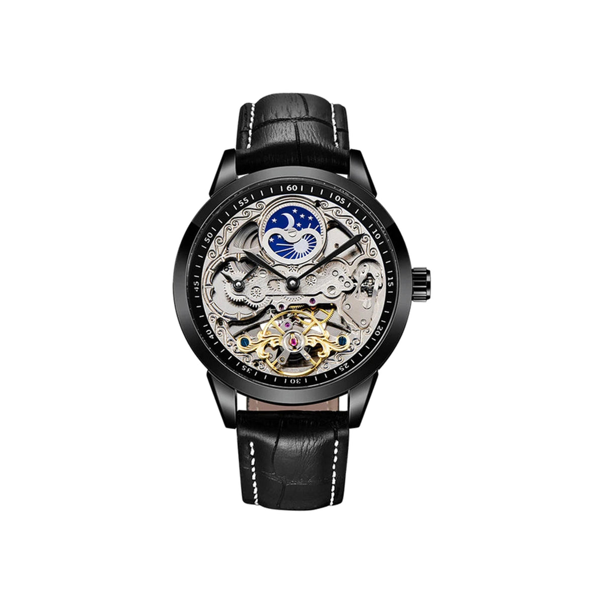 FORSINING Moon-and-Stars skeleton automatic watch, Black, white background
