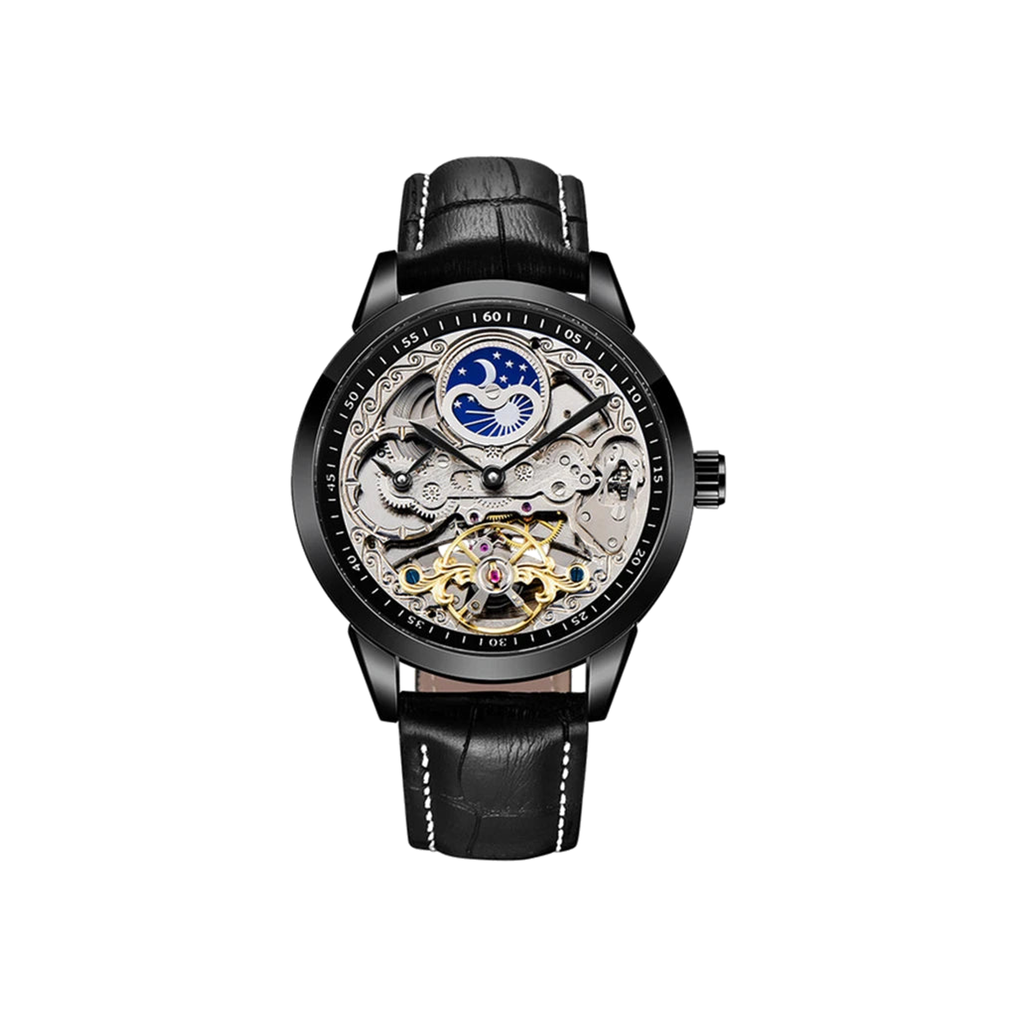 FORSINING Moon-and-Stars skeleton automatic watch, Black, white background