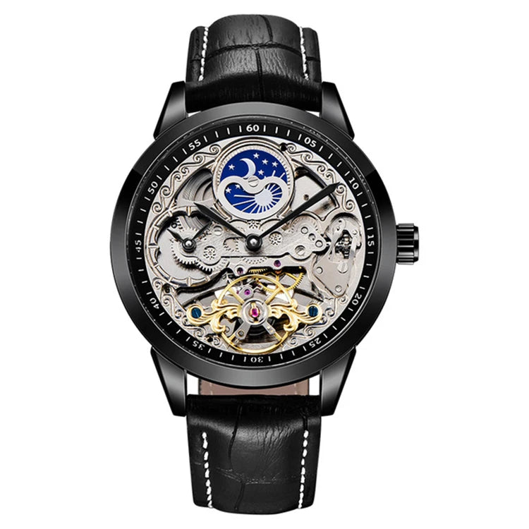 FORSINING For55 Black skeleton automatic watch with black leather strap