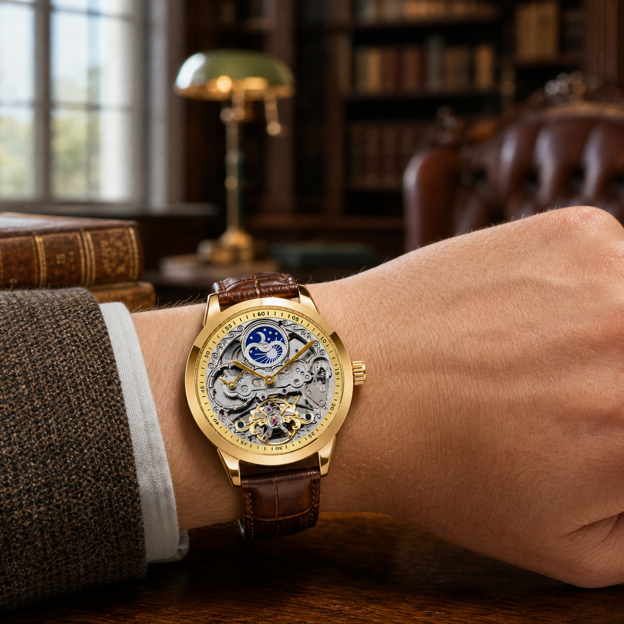 FORSINING For55 Brown moon-and-stars skeleton automatic watch worn in a library
