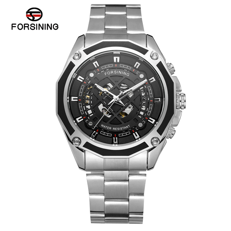 FORSINING FSG8164 M4T5 automatic skeleton watch with black dial and stainless steel bracelet