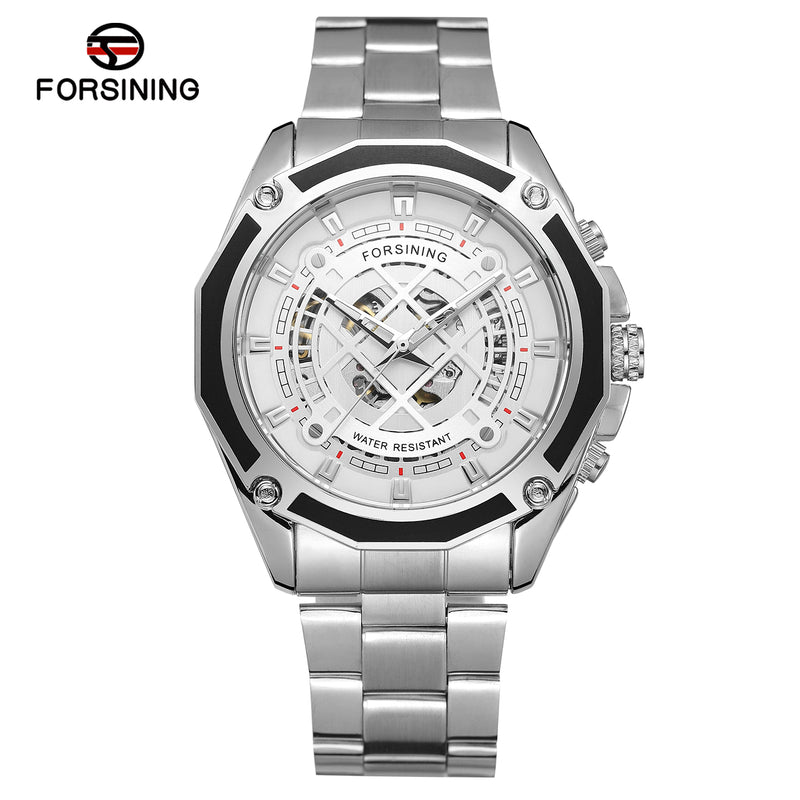 FORSINING FSG8164 M4T6 automatic skeleton watch with white dial and stainless steel bracelet