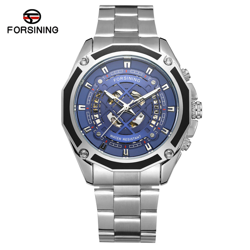 FORSINING FSG8164 M4T7 automatic skeleton watch with blue dial and stainless steel bracelet