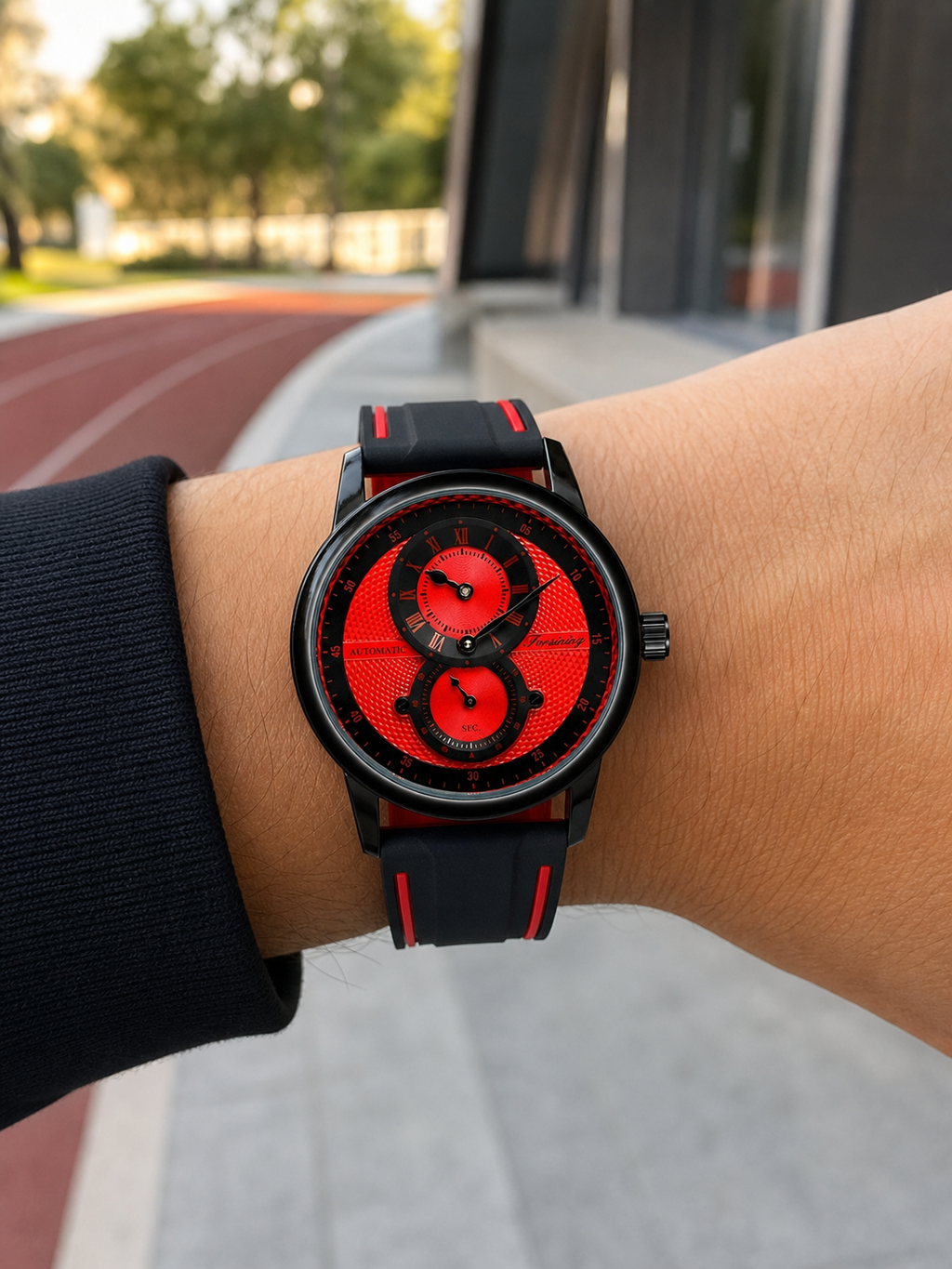 FORSINING 43mm Red automatic sport watch worn beside a running track