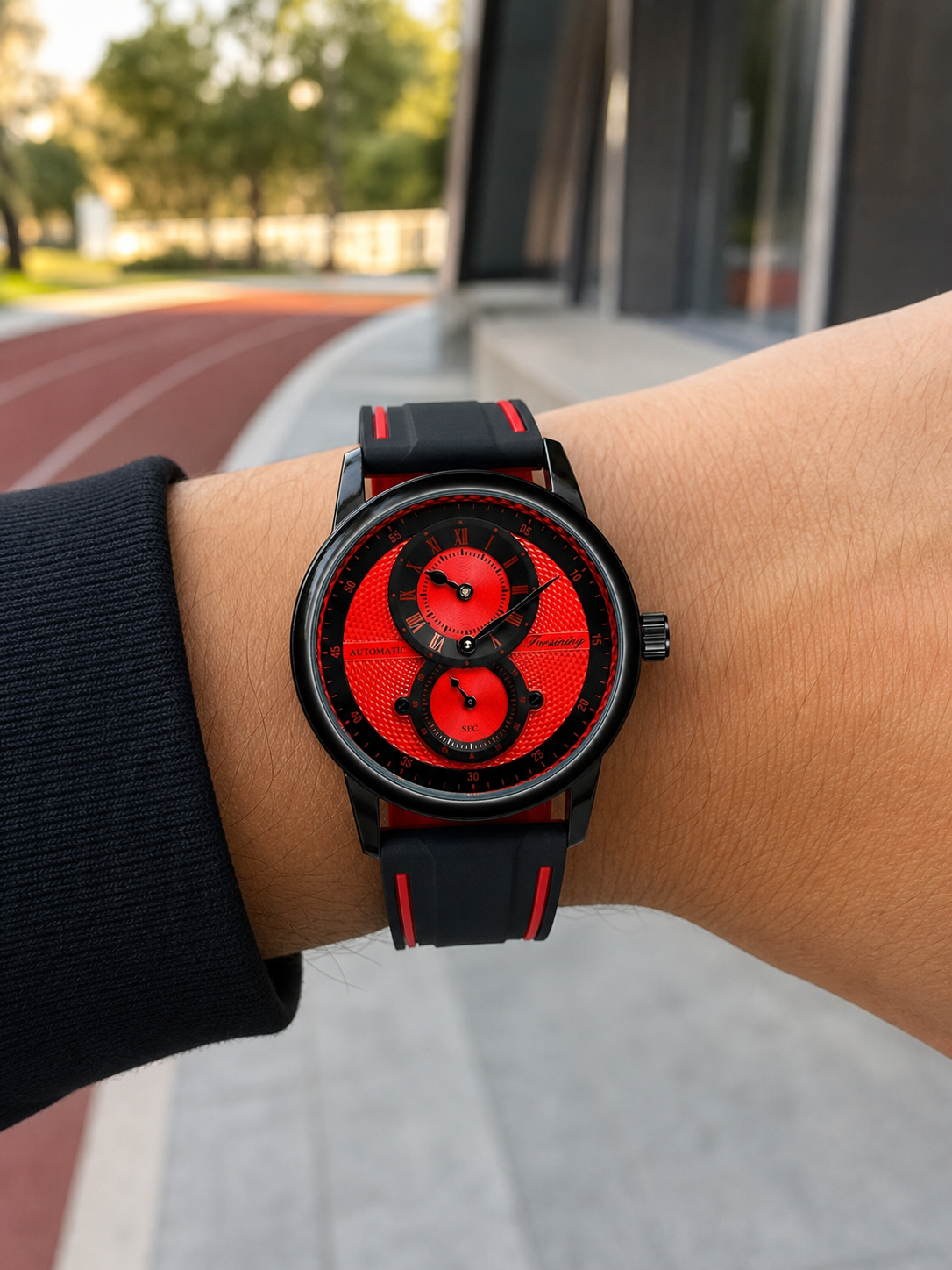 FORSINING 43mm Red automatic sport watch worn beside a running track