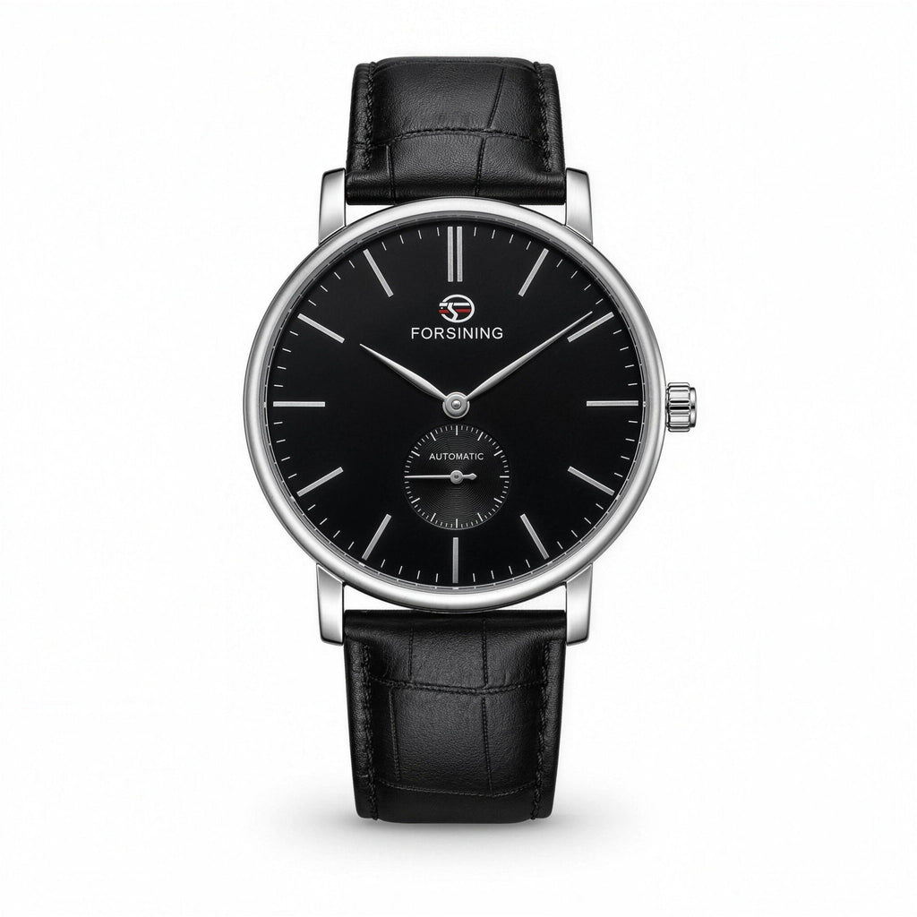 FORSINING FSG8214 minimalist small-seconds automatic watch, black dial and black leather strap