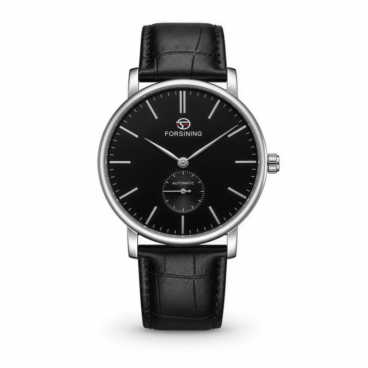 FORSINING FSG8214 minimalist small-seconds automatic watch, black dial and black leather strap