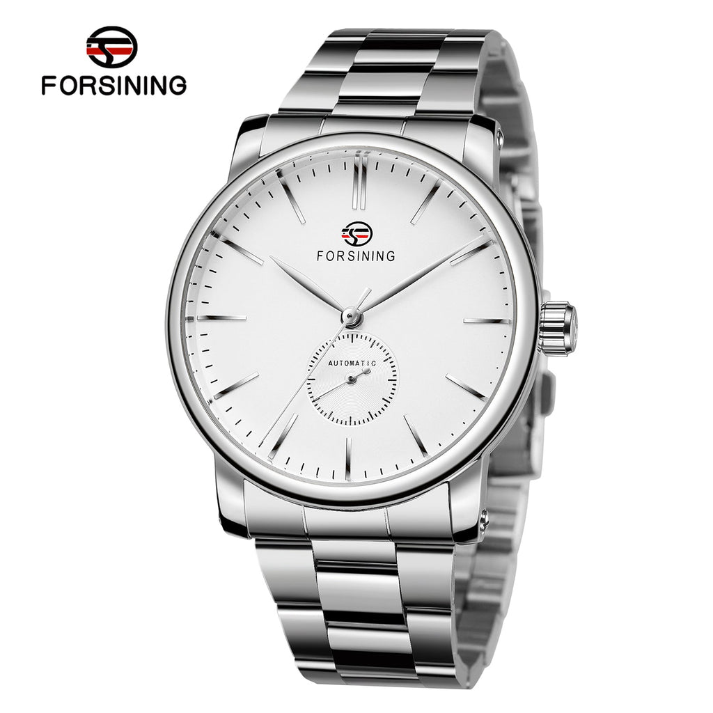 FORSINING minimalist automatic watch with white dial and steel bracelet