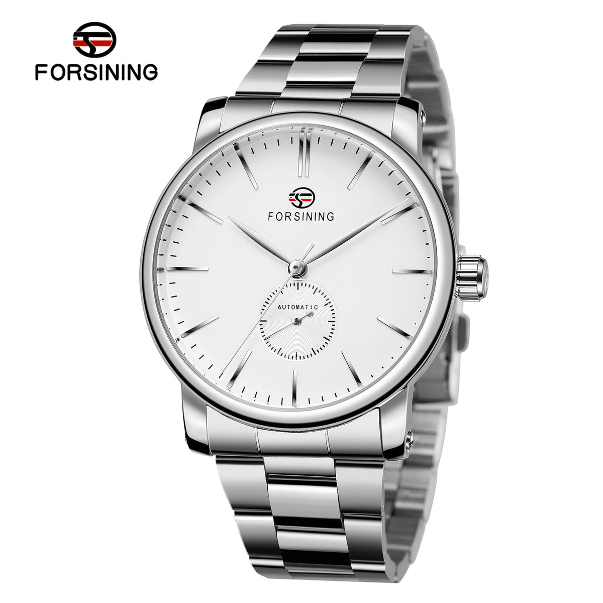 FORSINING minimalist automatic watch with white dial and steel bracelet
