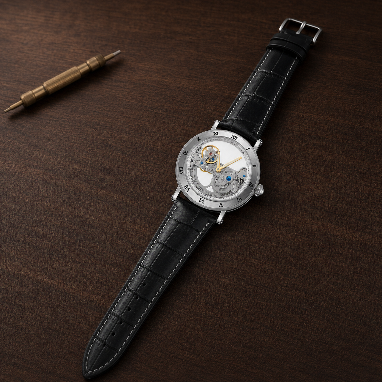 FORSINING Roman-bezel skeleton automatic watch with black leather strap on a watchmaker workbench