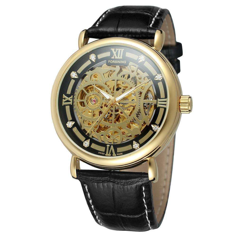 FORSINING Gold Black Leather skeleton mechanical watch