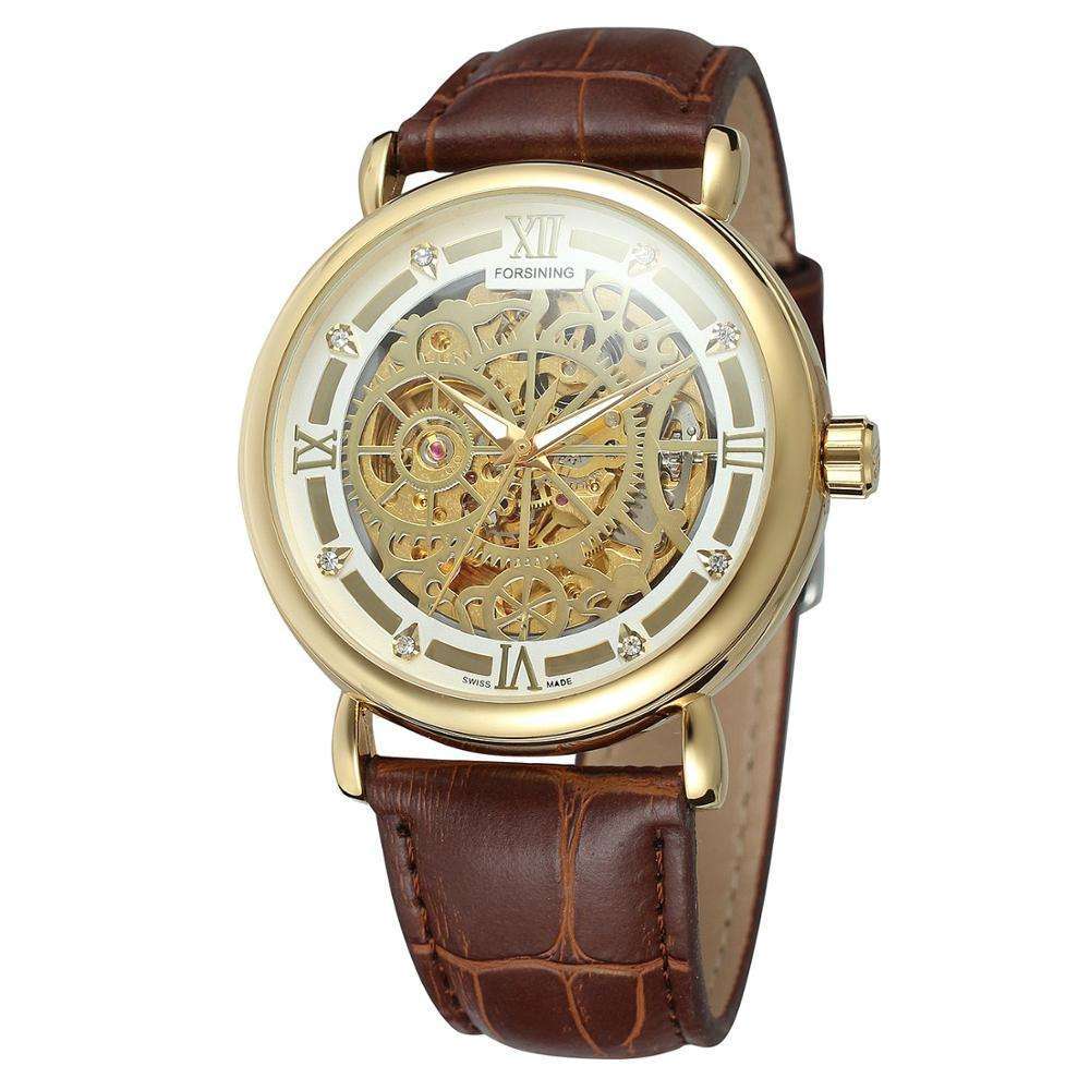 FORSINING Gold Brown Leather skeleton mechanical watch
