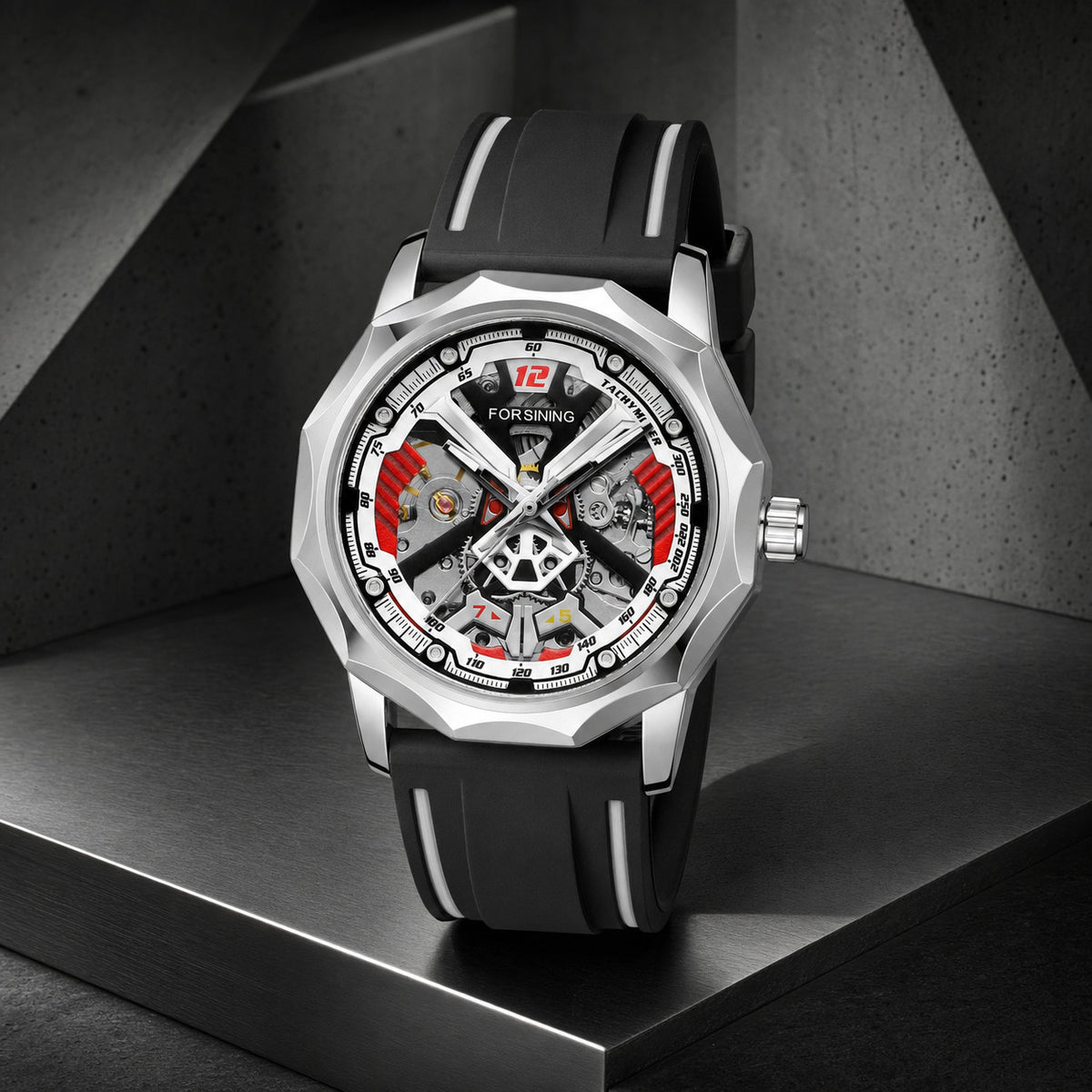 FORSINING H199M hand-wound skeleton watch on a modern architectural plinth