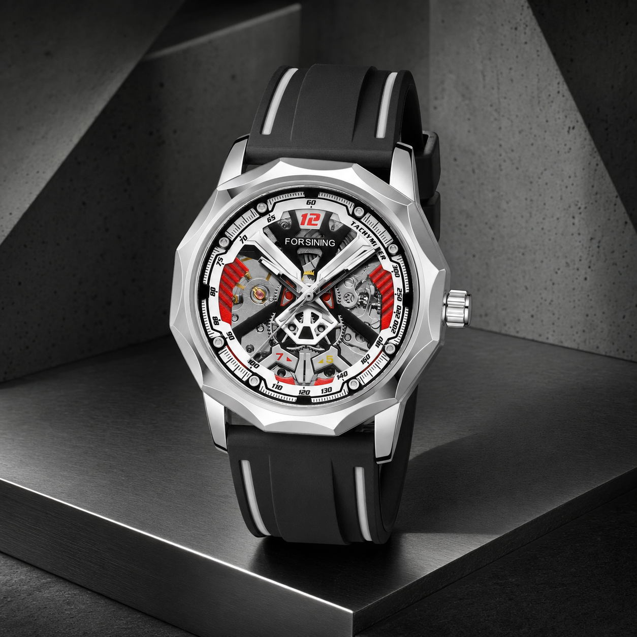 FORSINING H199M hand-wound skeleton watch on a modern architectural plinth