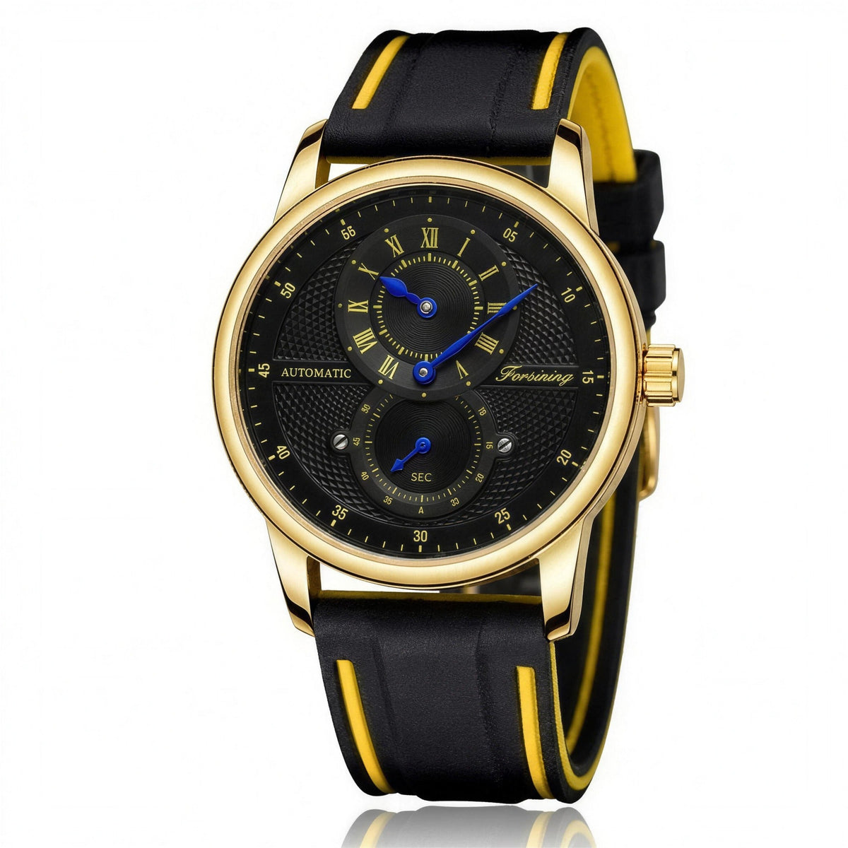 FORSINING layered-dial automatic sport watch, 43mm, gold-tone case with black and yellow strap