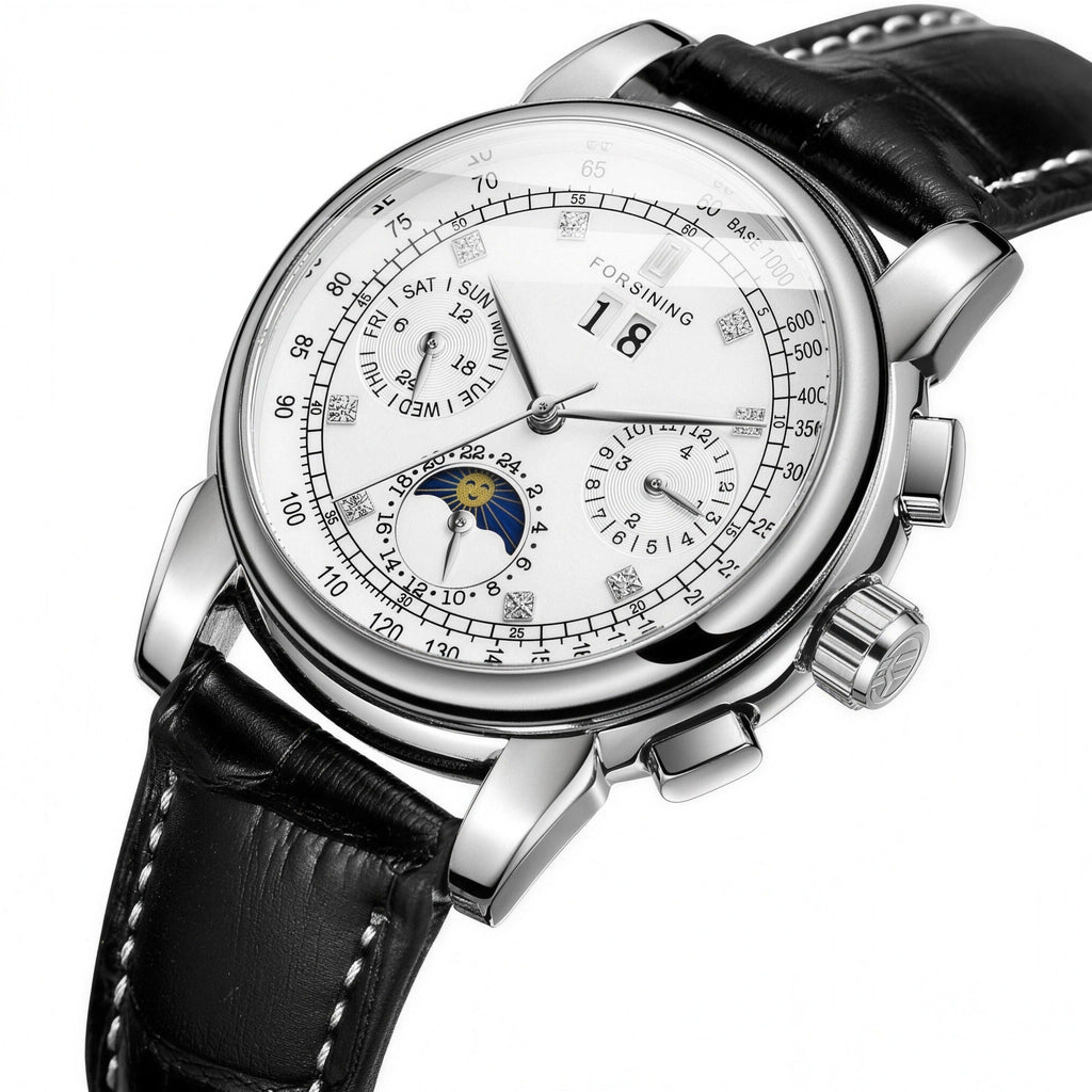 FORSINING moon phase multi-calendar automatic watch, white dial, black leather strap