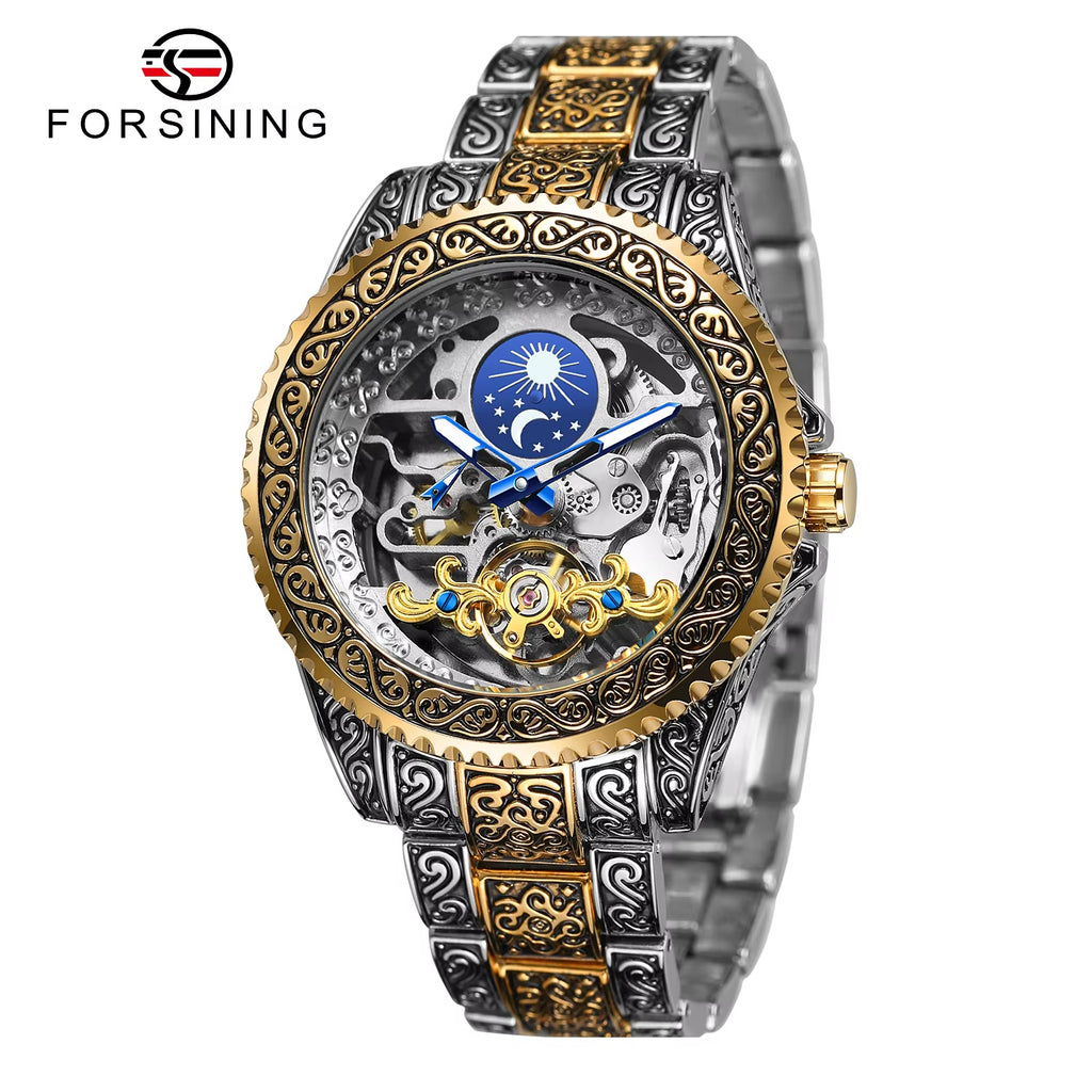 FORSINING moon-and-stars skeleton automatic watch in silver and gold tone