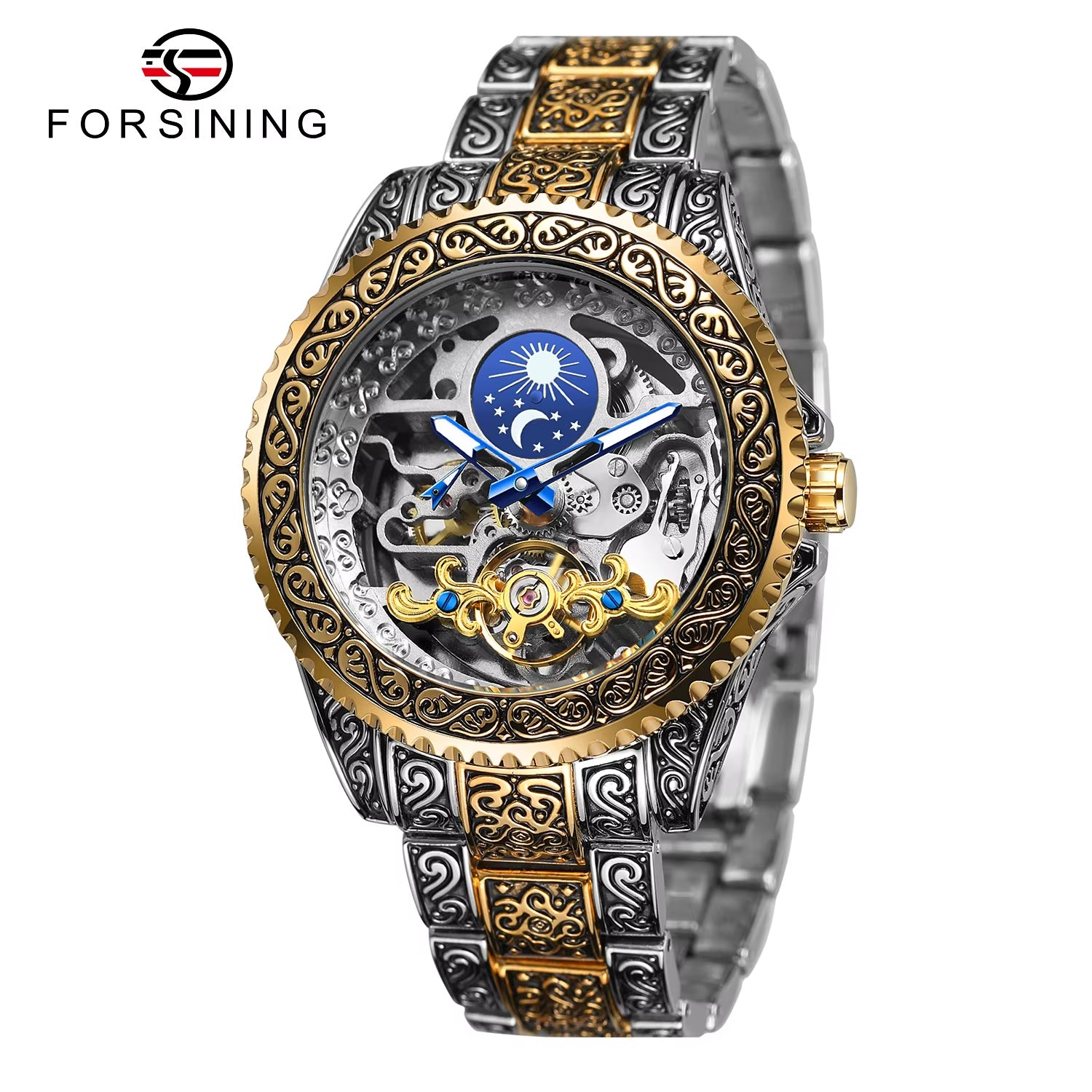 FORSINING moon-and-stars skeleton automatic watch in silver and gold tone