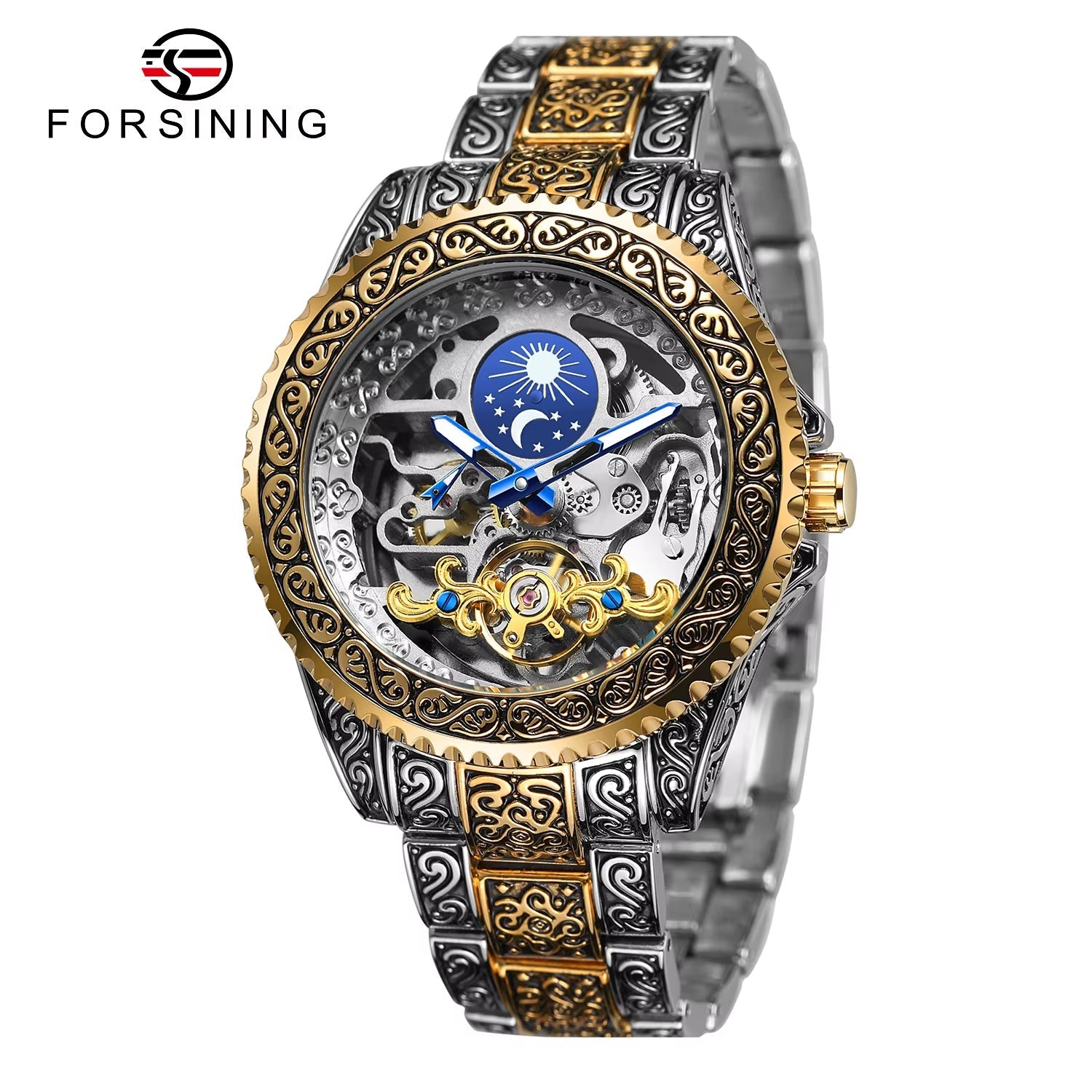 FORSINING moon-and-stars skeleton automatic watch in silver and gold tone