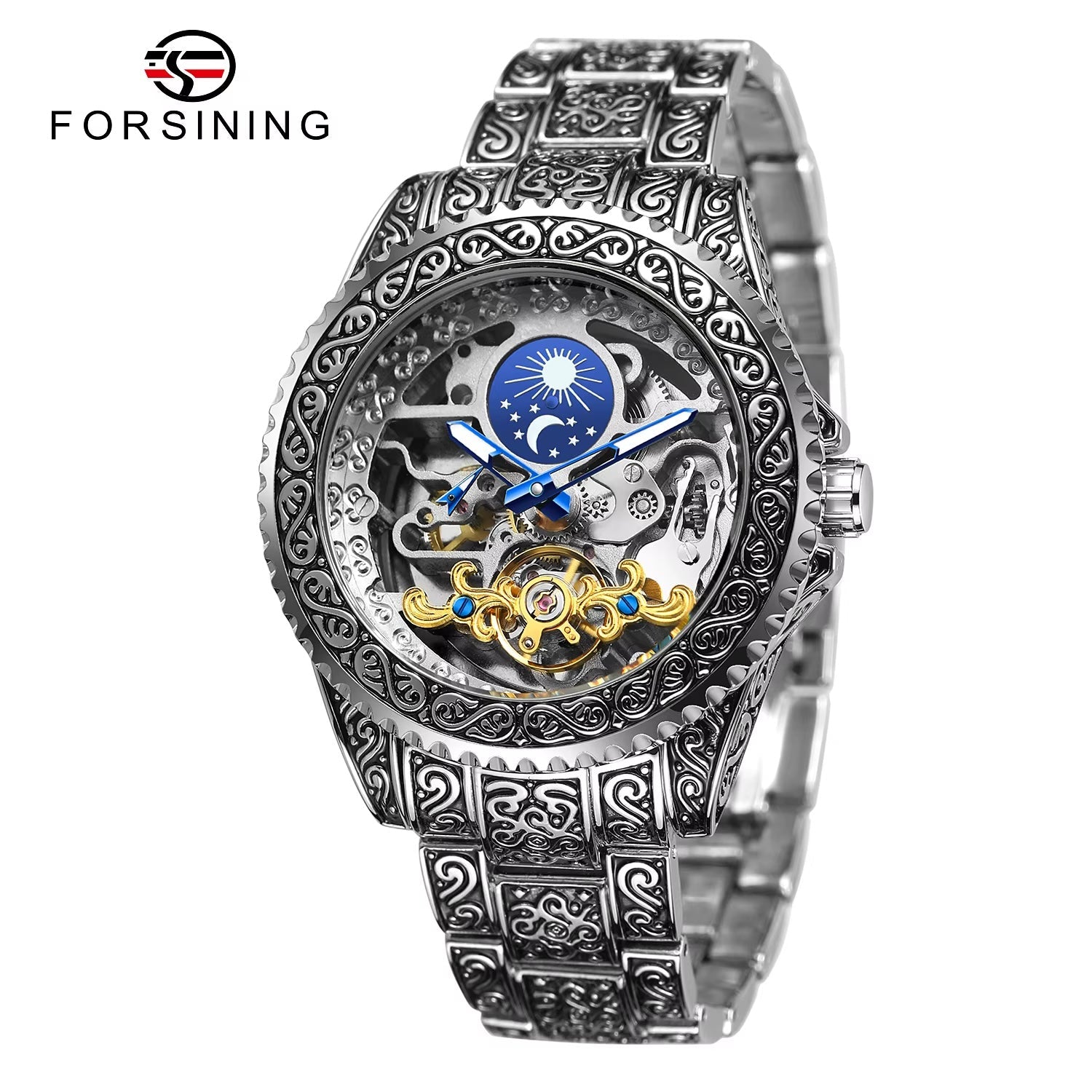 FORSINING moon-and-stars skeleton automatic watch in silver
