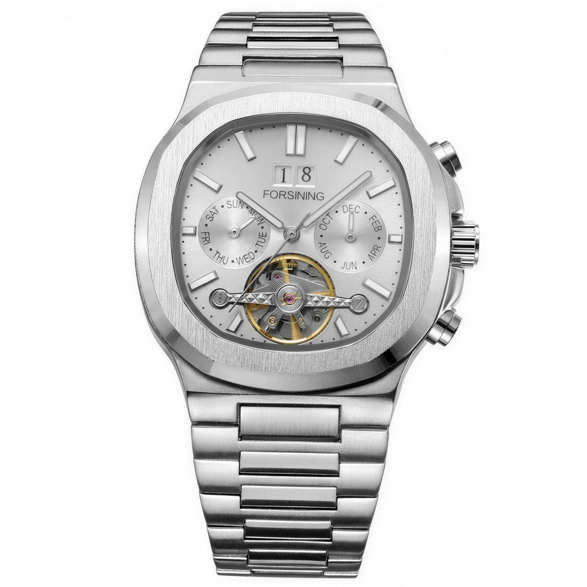 FORSINING silver open-heart automatic watch, day and month subdials, steel bracelet