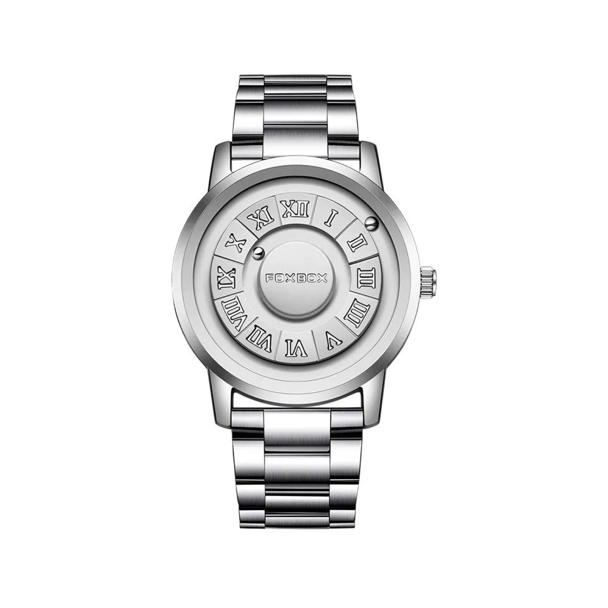 FOXBOX FB0047 Magnetic Ball Quartz Watch, silver steel on pure white