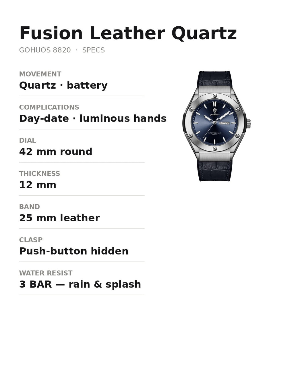 AWC Fusion Leather Quartz spec card