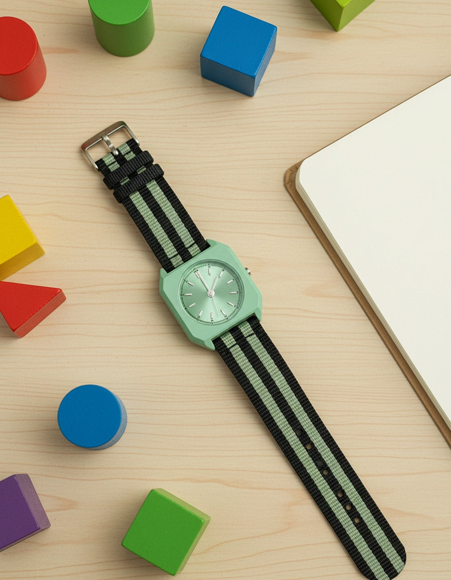 CILOA Children's Square Quartz Watch flat lay with toy blocks