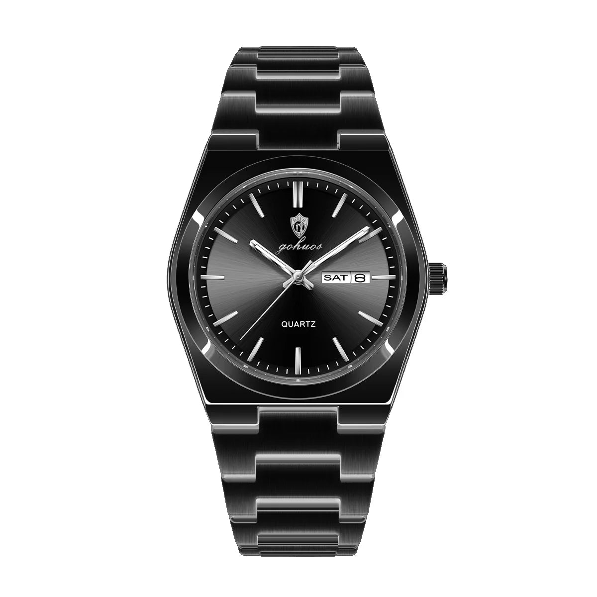 GOHUOS 8807 quartz watch all black steel bracelet on white background