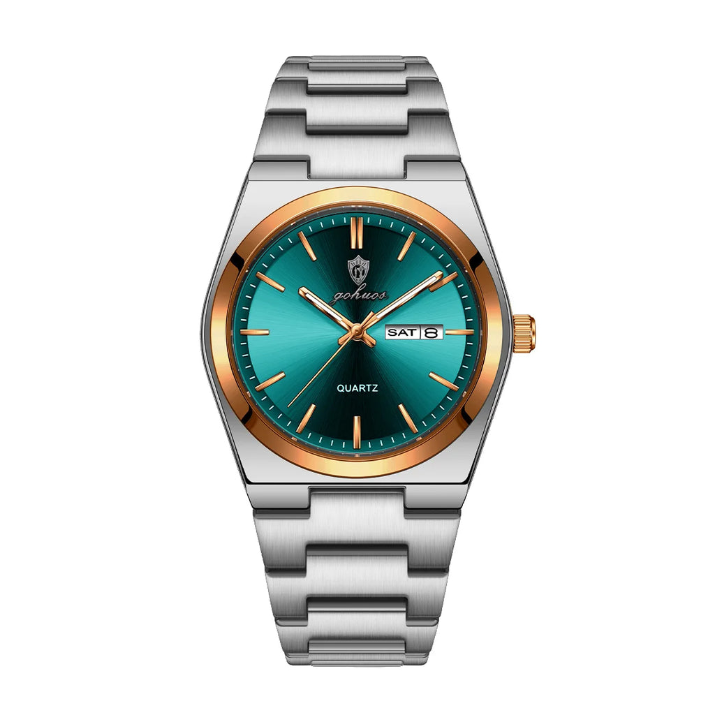 GOHUOS 8807 quartz watch green sunburst dial steel bracelet on white background