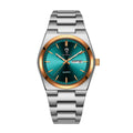 GOHUOS 8807 quartz watch green sunburst dial steel bracelet on white background