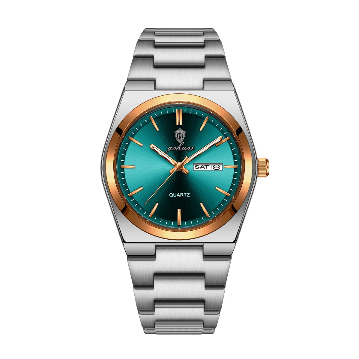 GOHUOS 8807 quartz watch green sunburst dial steel bracelet on white background