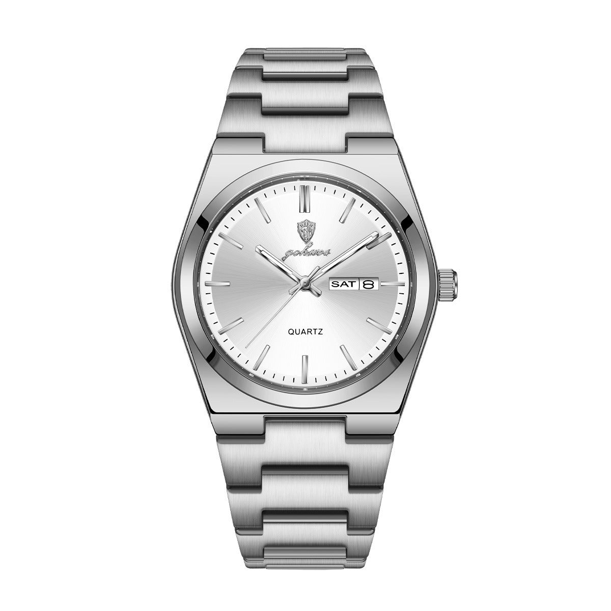 GOHUOS 8807 quartz watch, silver case, white dial, steel bracelet