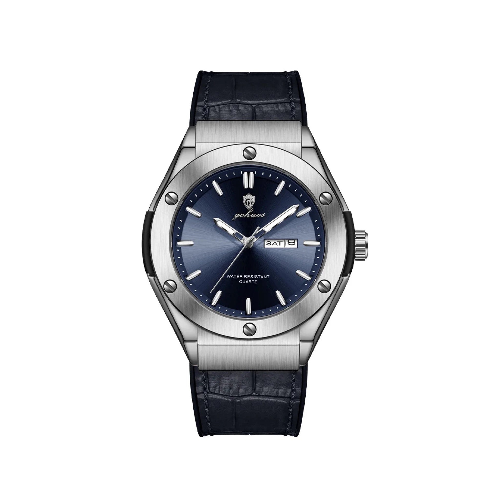 GOHUOS Sunray Day-Date Quartz Watch, silver case and blue dial on pure white